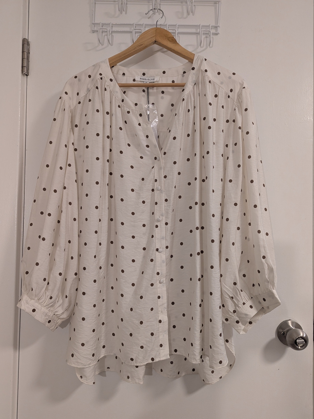 Rose & Olive White Button-Front Blouse with Brown Polka Dots